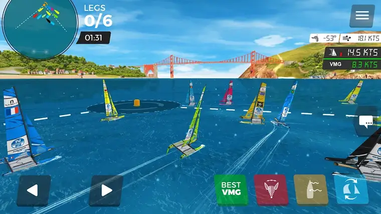 Prova costeira do Inshore com v&aacute;rios catamar&atilde;s a contornar a boia junto a uma ponte suspensa