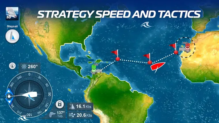 Carta do Atl&acirc;ntico no Virtual Regatta com a rota da frota, bandeiras de passagem e rosa-dos-ventos
